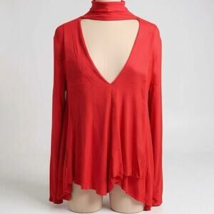Free People Uptown Turtle Choker Red Deep V Tunic Top Long Sleeve Womens XS